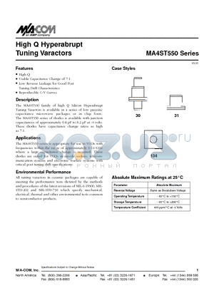 MA4ST555 datasheet - High Q Hyperabrupt Tuning Varactors