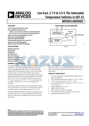 ADT6402SRJZ-RL7 datasheet - Low Cost, 2.7 V to 5.5 V, Pin-Selectable Temperature Switches in SOT-23