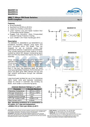 MA4SW210 datasheet - HMIC Silicon PIN Diode Switches RoHS Compliant