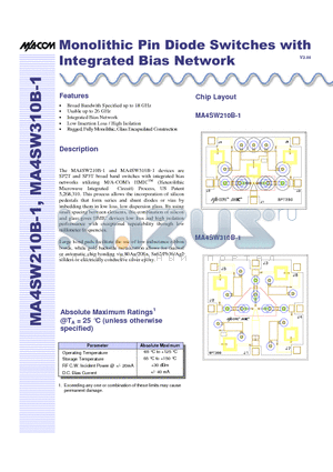 MA4SW210B-1 datasheet - Monolithic Pin Diode Switches with Integrated Bias Network