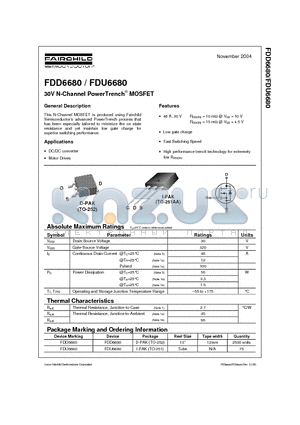 FDU6680 datasheet - 30V N-Channel PowerTrench MOSFET