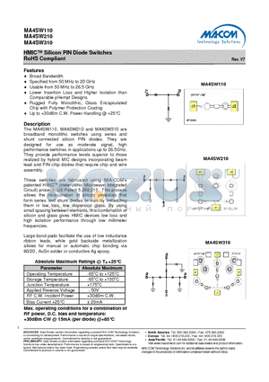 MA4SW310 datasheet - HMIC Silicon PIN Diode Switches RoHS Compliant