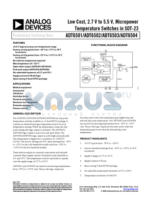 ADT6503ARJN035 datasheet - Low Cost, 2.7 V to 5.5 V, Micropower Temperature Switches in SOT-23