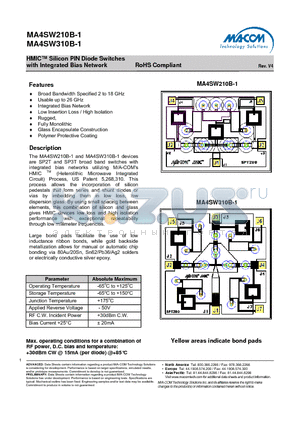 MA4SW310B-1 datasheet - HMIC Silicon PIN Diode Switches with Integrated Bias Network