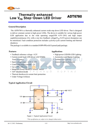 ADT6780 datasheet - Thermally enhanced Low VFB Step-Down LED Driver