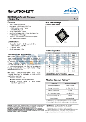 MA4VAT2000-1277T datasheet - HMIC PIN Diode Variable Attenuator 1.70 - 2.20 GHz
