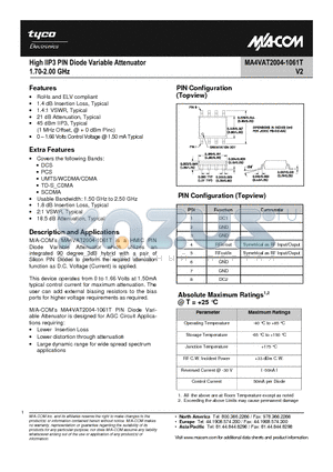 MA4VAT2004-1061T datasheet - High IIP3 PIN Diode Variable Attenuator 1.70-2.00 GHz