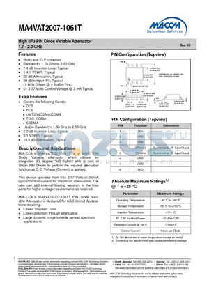MA4VAT2007-1061T datasheet - High IIP3 PIN Diode Variable Attenuator 1.7 - 2.0 GHz