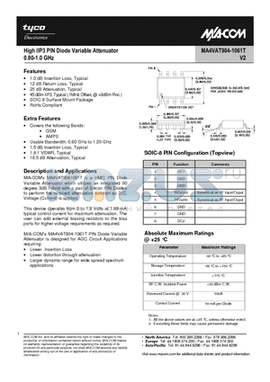 MA4VAT904-1061T datasheet - High IIP3 PIN Diode Variable Attenuator (0.80-1.0 GHz)
