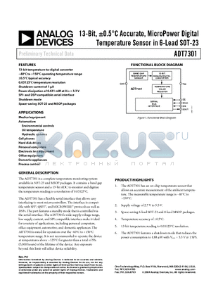 ADT7301ART datasheet - 13-Bit, 0.5C Accurate, MicroPower Digital Temperature Sensor in 6-Lead SOT-23