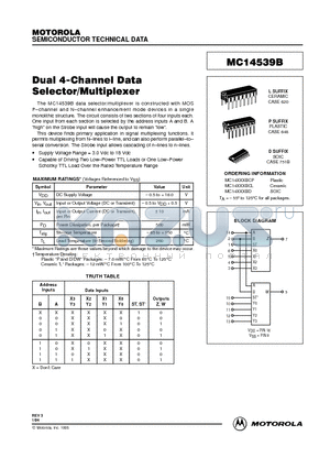 MC14XXXBD datasheet - DUAL 4-CHANNEL DATA SELECTOR/MULTIPLEXER