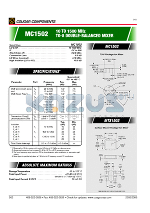 MC1502 datasheet - 10 TO 1500 MHz TO-8 DOUBLE-BALANCED MIXER