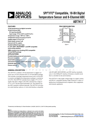 ADT7411 datasheet - SPI/I2C Compatible, 10-Bit Digital Temperature Sensor and 8-Channel ADC