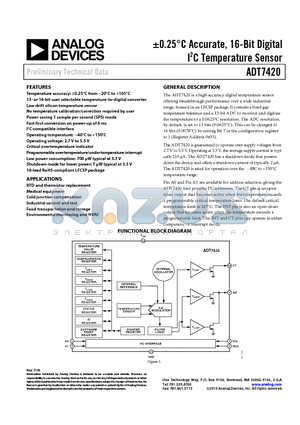 ADT7420UCPZ datasheet - a0.25`C Accurate, 16-Bit Digital I2C Temperature Sensor