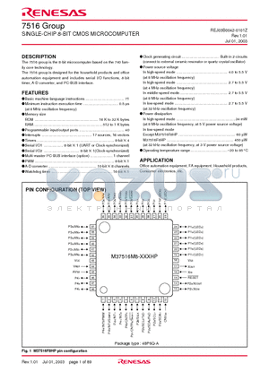 M37516F9-XXXHP datasheet - SINGLE-CHIP 8-BIT CMOS MICROCOMPUTER