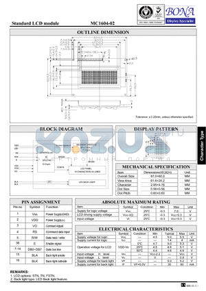 MC1604-02 datasheet - Standard LCD module