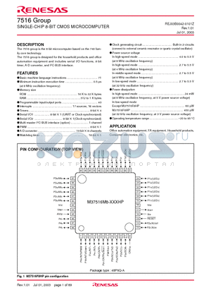 M37516M2-XXXHP datasheet - SINGLE-CHIP 8-BIT CMOS MICROCOMPUTER