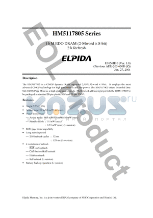 HM5117805LS-7 datasheet - 16 M EDO DRAM (2-Mword X 8-bit) 2 k Refresh