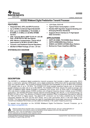 GC5322 datasheet - GC5322 Wideband Digital Predistortion Transmit Processor