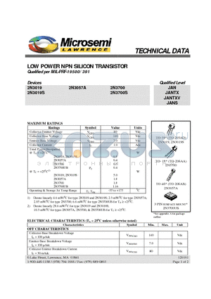 JAN2N3700 datasheet - LOW POWER NPN SILICON TRANSISTOR