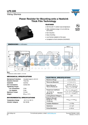 LPS600L1001JB datasheet - Power Resistor for Mounting onto a Heatsink Thick Film Technology