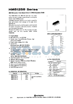 HM51258P-15 datasheet - 262,144-word x 1-bit Static Column CMOS Dynamic RAM
