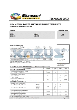 JAN2N697 datasheet - NPN MEDIUM POWER SILICON SWITCHING TRANSISTOR