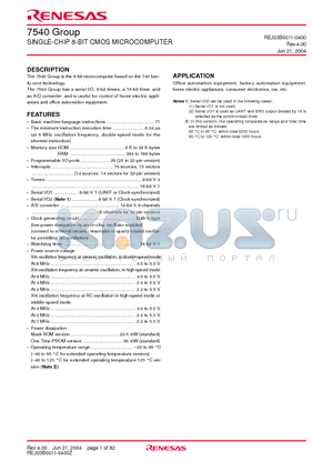 M37540E8V-XXXFP datasheet - SINGLE-CHIP 8-BIT CMOS MICROCOMPUTER