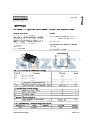 FDW6923 datasheet - P-Channel 2.5V Specified PowerTrench MOSFET with Schottky Diode