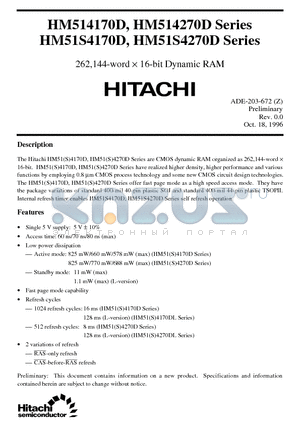 HM514270DTT-6 datasheet - 262,144-word x 16-bit Dynamic RAM
