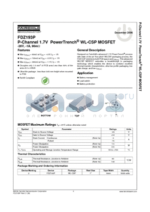 FDZ193P datasheet - P-Channel 1.7V PowerTrench WL-CSP MOSFET -20V, -1A, 90mohm