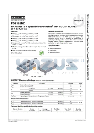 FDZ192NZ datasheet - N-Channel 1.5 V Specified PowerTrench^ Thin WL-CSP MOSFET 20 V, 5.3 A, 39 mY