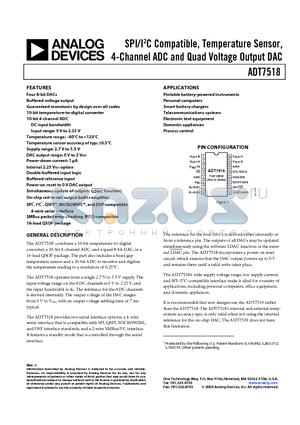 ADT7518 datasheet - SPI/I2C Compatible, Temperature Sensor, 4-Channel ADC and Quad Voltage Output DAC