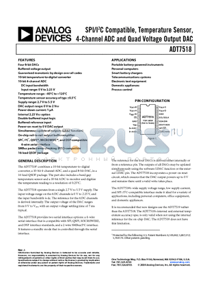 ADT7518ARQ datasheet - SPI/I2C Compatible, Temperature Sensor, 4-Channel ADC and Quad Voltage Output DAC