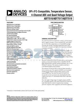 ADT7517ARQ datasheet - SPI-/I2C-Compatible, Temperature Sensor,4-Channel ADC and Quad Voltage Output