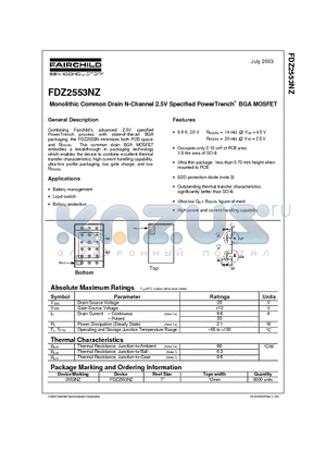FDZ2553NZ datasheet - Monolithic Common Drain N-Channel 2.5V Specified PowerTrench BGA MOSFET