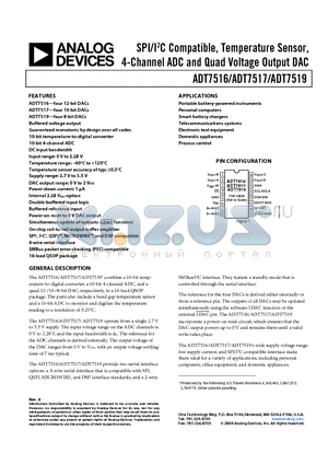 ADT7519ARQ-REEL datasheet - SPI/I2C Compatible, Temperature Sensor, Four Channel ADC and Quad Voltage Output DAC