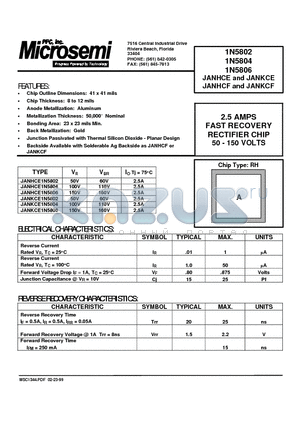 JANHCE1N5802 datasheet - 2.5 AMPS FAST RECOVERY RECTIFIER CHIP 50 - 150 VOLTS