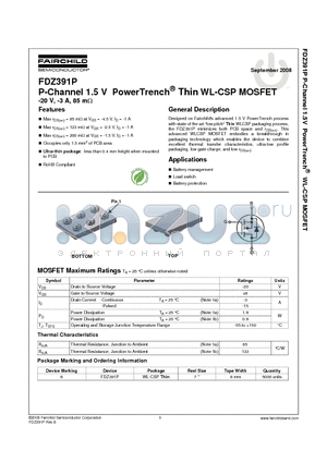 FDZ391P datasheet - P-Channel 1.5 V PowerTrench^ Thin WL-CSP MOSFET