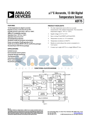 ADT75ARZ-REEL datasheet - -1`C Accurate, 12-Bit Digital Temperature Sensor