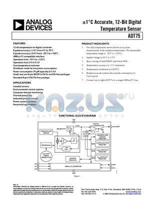 ADT75BRMZ-REEL datasheet - -1`C Accurate, 12-Bit Digital Temperature Sensor