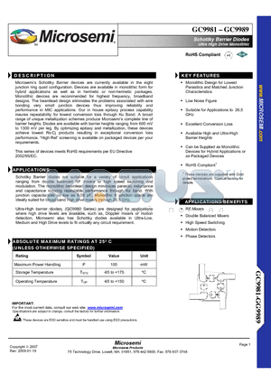 GC9986 datasheet - Schottky Barrier Diodes TM Ultra High Drive Monolithic