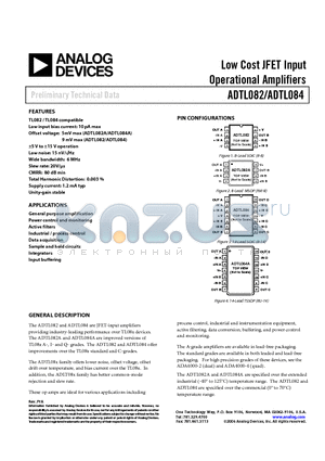 ADTL082 datasheet - Low Cost JFET Input Operational Amplifiers