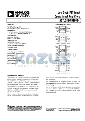 ADTL082 datasheet - Low Cost JFET Input Operational Amplifiers