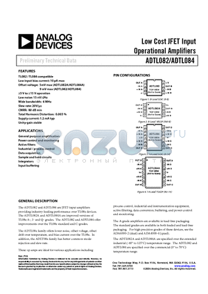 ADTL082RZ datasheet - Low Cost JFET Input Operational Amplifiers