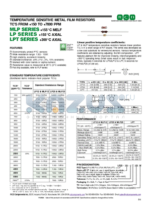 LPT-101G datasheet - TEMPERATURE SENSITIVE METAL FILM RESISTORS TCS FROM 150 TO 7000 PPM