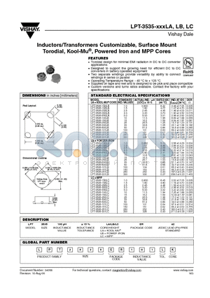 LPT-3535-150LA datasheet - Inductors/Transformers Customizable, Surface Mount Torodial, Kool-Mu, Powered Iron and MPP Cores