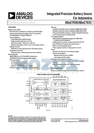 ADUC7033 datasheet - Integrated Precision Battery Sensor For Automotive