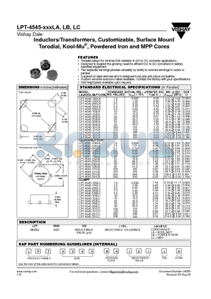 LPT-4545-150LB datasheet - Inductors/Transformers, Customizable, Surface Mount Torodial, Kool-Mu, Powdered Iron and MPP Cores