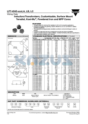 LPT-4545-1R0LA datasheet - Inductors/Transformers, Customizable, Surface Mount Torodial, Kool-Mu, Powdered Iron and MPP Cores